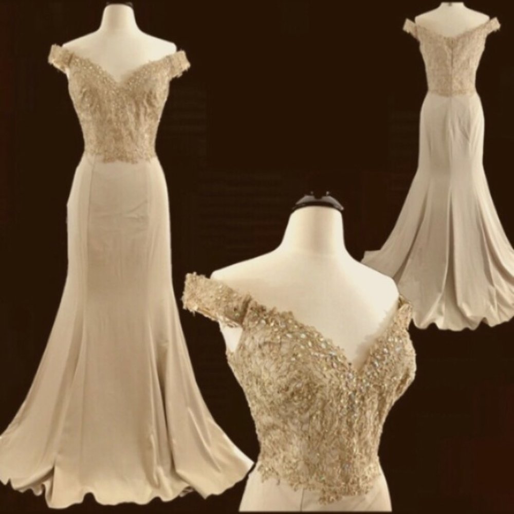 Mon Cheri Gold Lace Off-Shoulder Mermaid Gown